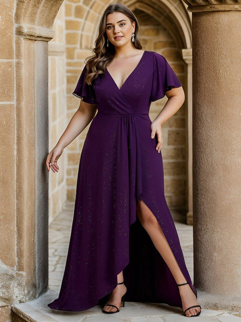 ever MELOD¨¦|Glitter High-Low Front Side Slit Ruffled V-Neck Evening Dress