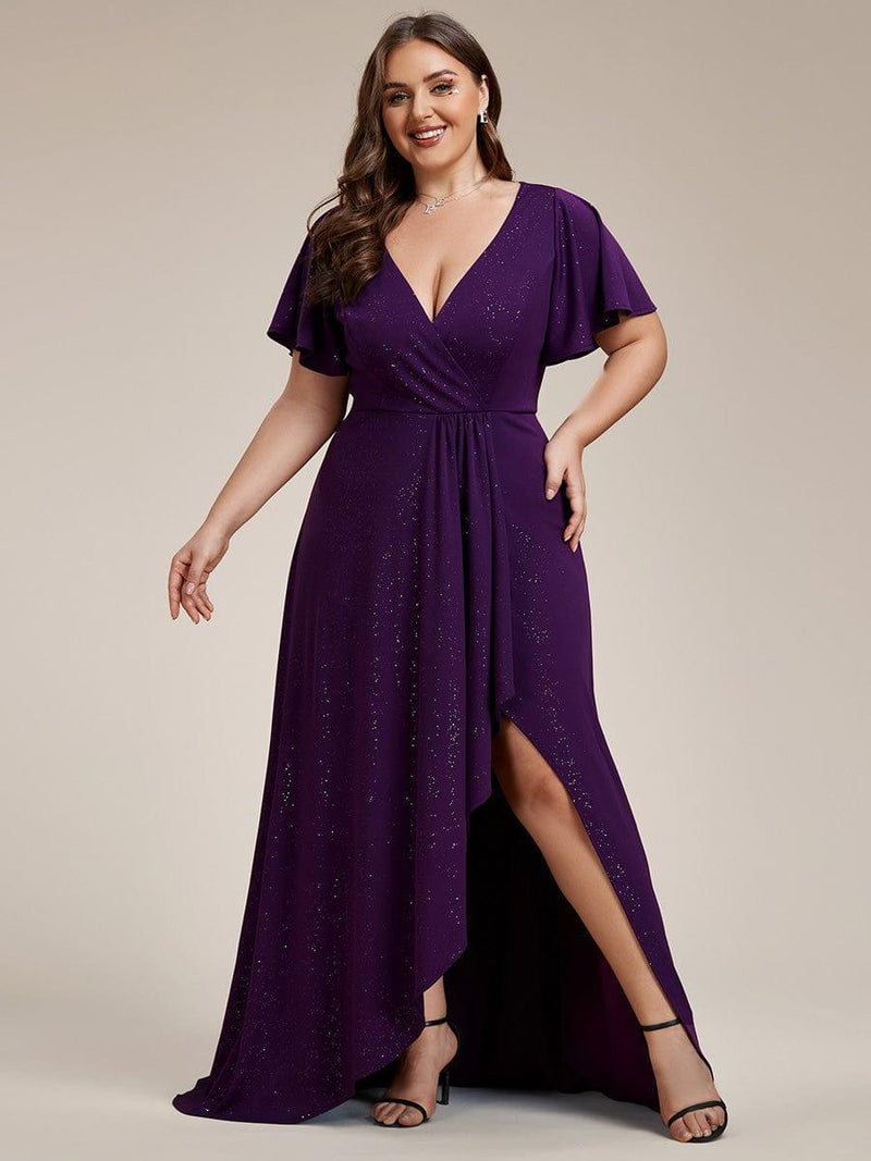 pretty MELOD¨¦|Plus Size Glitter Ruffled High-Low Front Slit Evening Dress