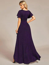 ever MELOD¨¦|Glitter High-Low Front Side Slit Ruffled V-Neck Evening Dress
