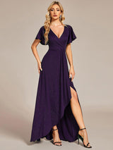 ever MELOD¨¦|Glitter High-Low Front Side Slit Ruffled V-Neck Evening Dress
