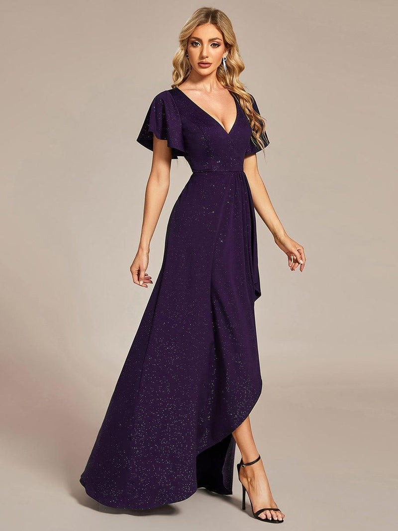 ever MELOD¨¦|Glitter High-Low Front Side Slit Ruffled V-Neck Evening Dress