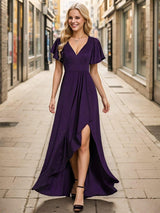 ever MELOD¨¦|Glitter High-Low Front Side Slit Ruffled V-Neck Evening Dress