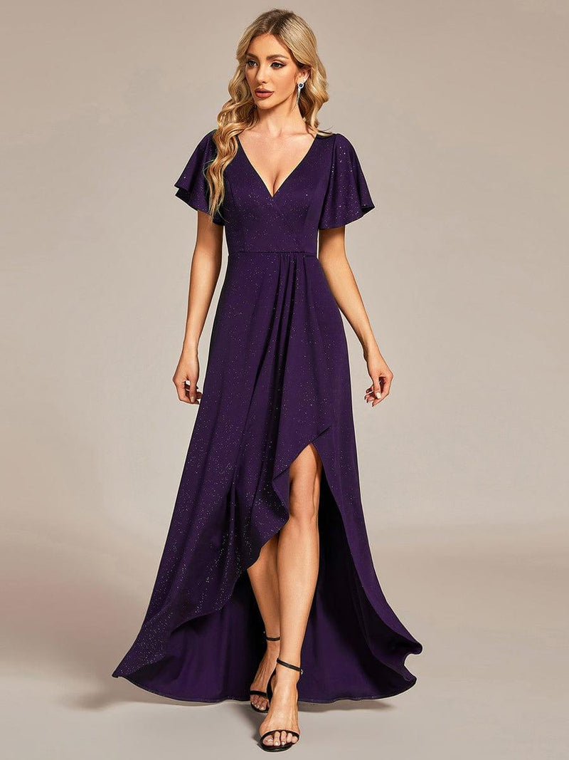 ever MELOD¨¦|Glitter High-Low Front Side Slit Ruffled V-Neck Evening Dress