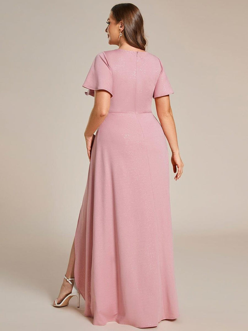 ever MELOD¨¦|Glitter High-Low Front Side Slit Ruffled V-Neck Evening Dress