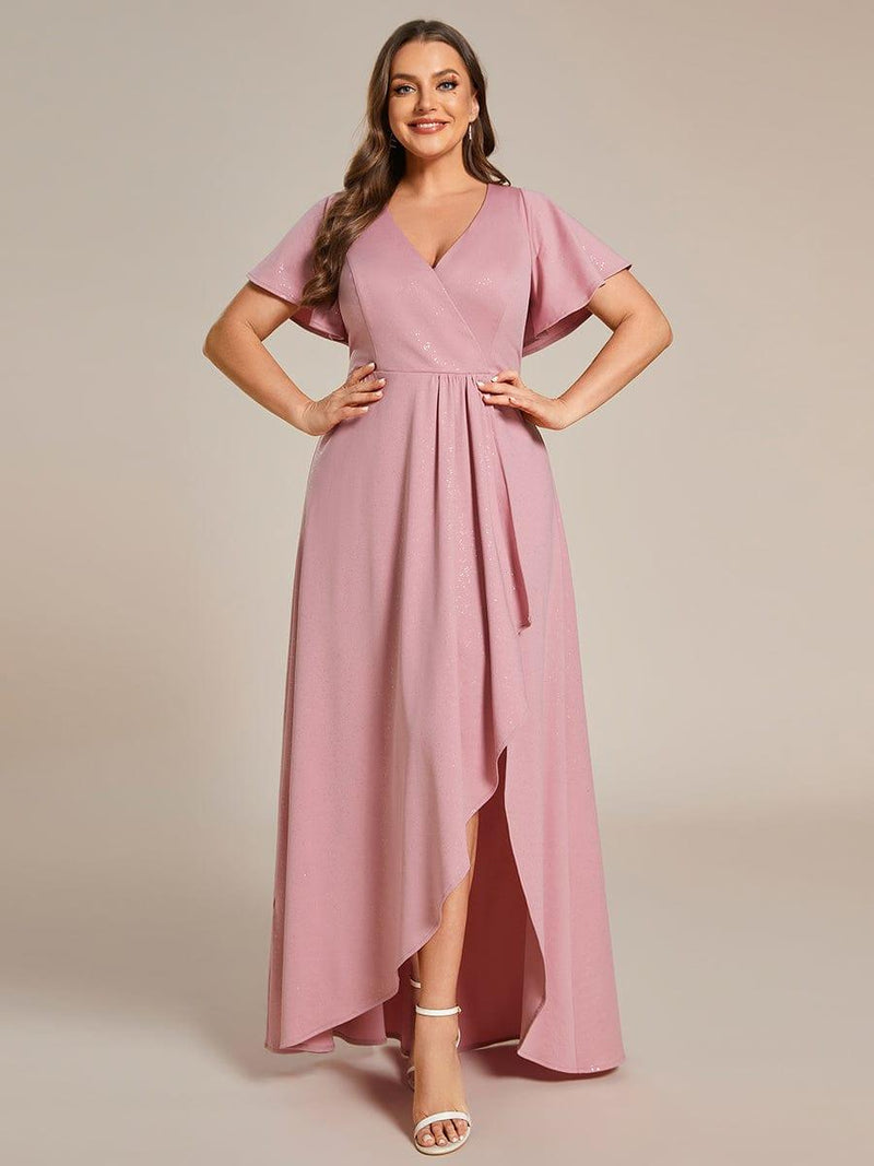 ever MELOD¨¦|Glitter High-Low Front Side Slit Ruffled V-Neck Evening Dress
