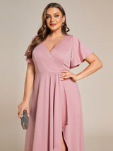 ever MELOD¨¦|Glitter High-Low Front Side Slit Ruffled V-Neck Evening Dress