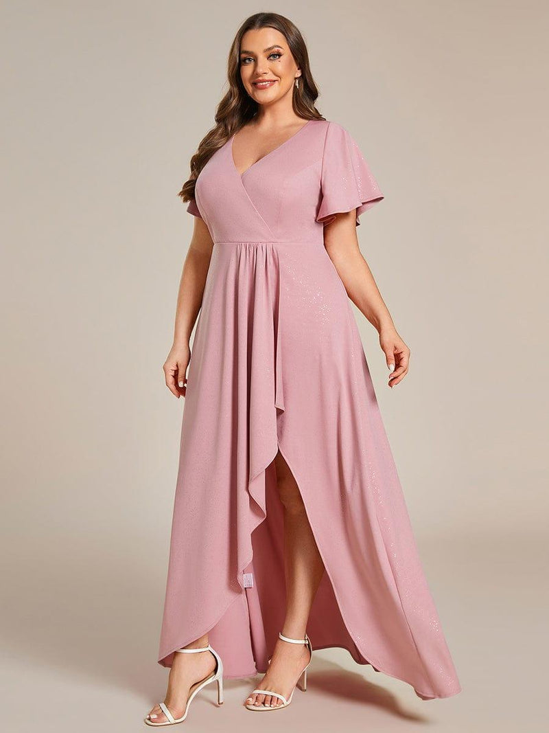 pretty MELOD¨¦|Plus Size Glitter Ruffled High-Low Front Slit Evening Dress