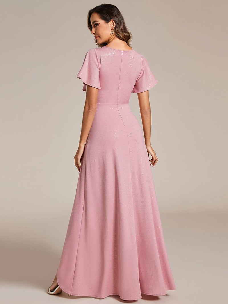 ever MELOD¨¦|Glitter High-Low Front Side Slit Ruffled V-Neck Evening Dress