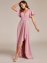 ever MELOD¨¦|Glitter High-Low Front Side Slit Ruffled V-Neck Evening Dress