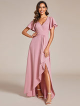 ever MELOD¨¦|Glitter High-Low Front Side Slit Ruffled V-Neck Evening Dress