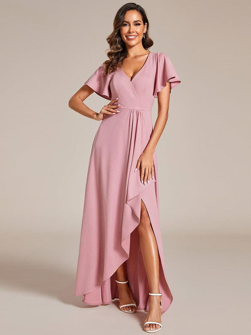 ever MELOD¨¦|Glitter High-Low Front Side Slit Ruffled V-Neck Evening Dress