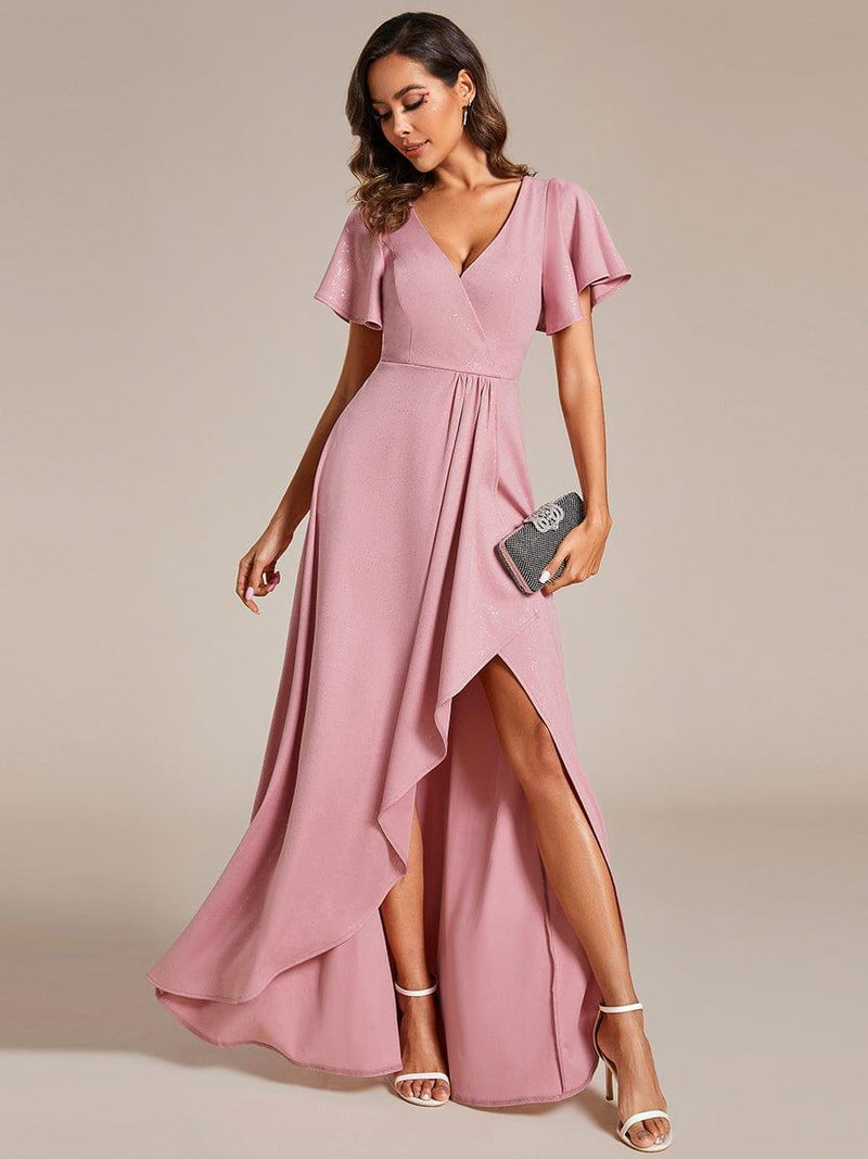 ever MELOD¨¦|Glitter High-Low Front Side Slit Ruffled V-Neck Evening Dress