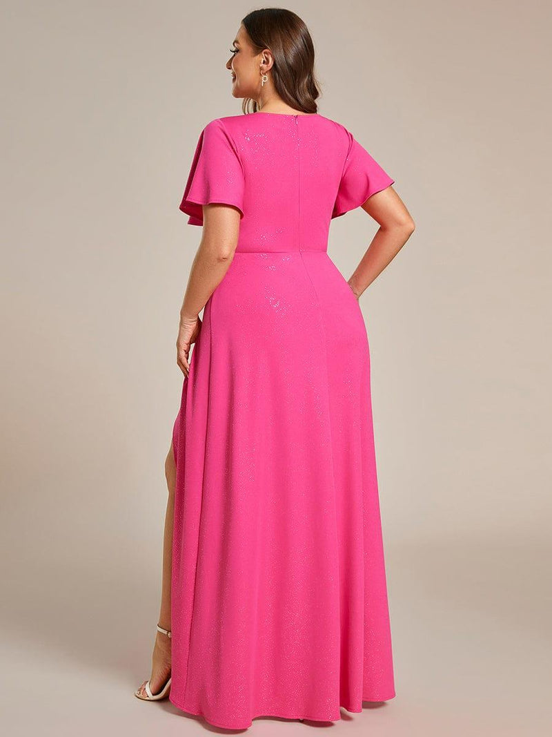 ever MELOD¨¦|Glitter High-Low Front Side Slit Ruffled V-Neck Evening Dress