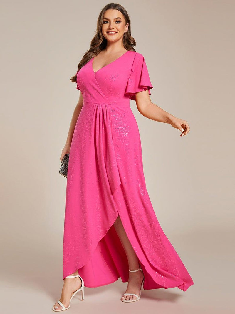 pretty MELOD¨¦|Plus Size Glitter Ruffled High-Low Front Slit Evening Dress