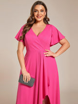 ever MELOD¨¦|Glitter High-Low Front Side Slit Ruffled V-Neck Evening Dress