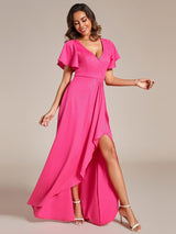 ever MELOD¨¦|Glitter High-Low Front Side Slit Ruffled V-Neck Evening Dress