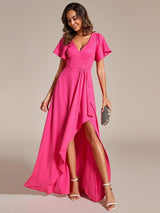 ever MELOD¨¦|Glitter High-Low Front Side Slit Ruffled V-Neck Evening Dress