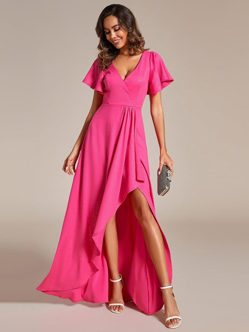 ever MELOD¨¦|Glitter High-Low Front Side Slit Ruffled V-Neck Evening Dress