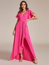 ever MELOD¨¦|Glitter High-Low Front Side Slit Ruffled V-Neck Evening Dress