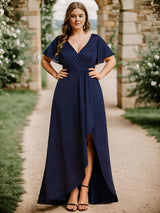 ever MELOD¨¦|Glitter High-Low Front Side Slit Ruffled V-Neck Evening Dress