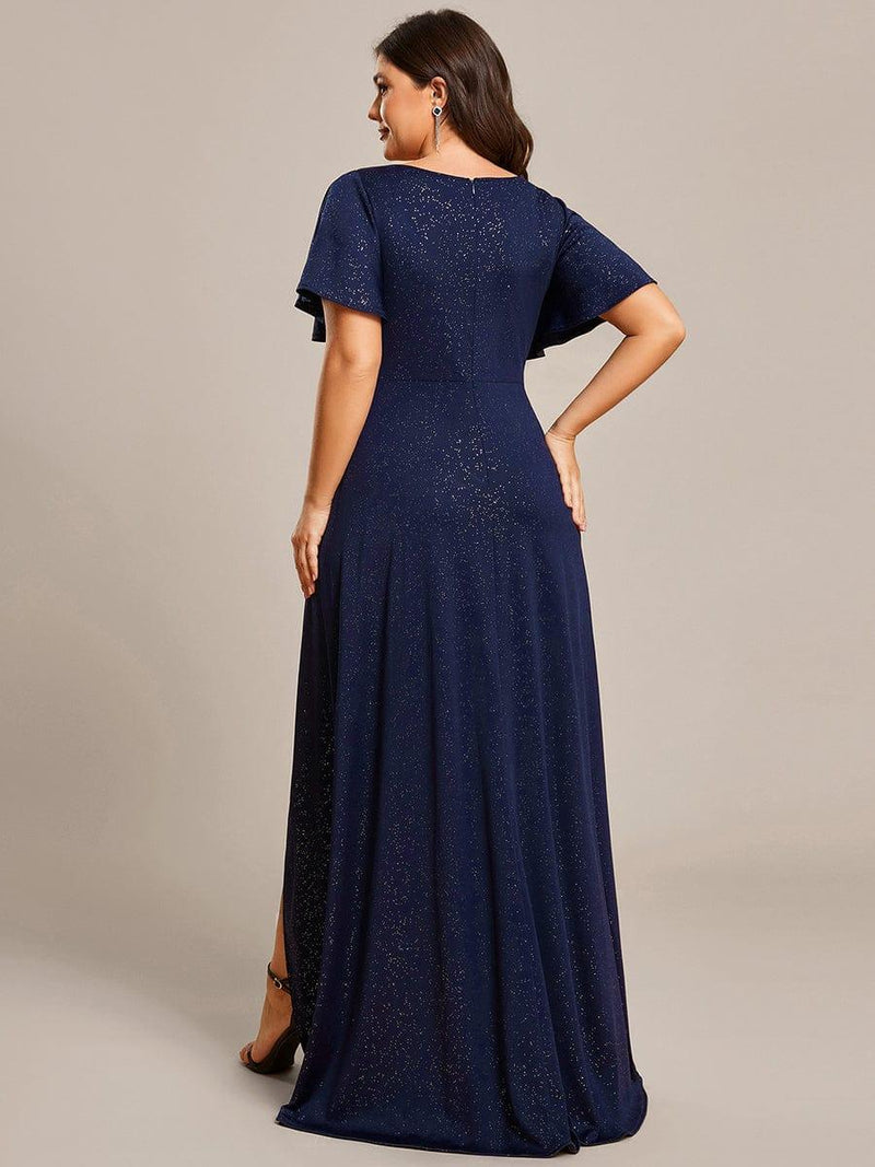 ever MELOD¨¦|Glitter High-Low Front Side Slit Ruffled V-Neck Evening Dress