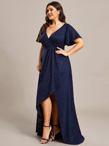 ever MELOD¨¦|Glitter High-Low Front Side Slit Ruffled V-Neck Evening Dress