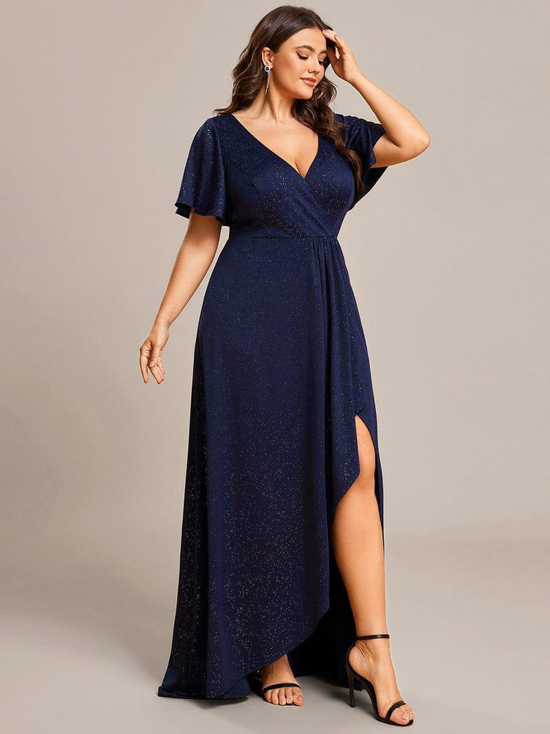 pretty MELOD¨¦|Plus Size Glitter Ruffled High-Low Front Slit Evening Dress