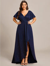pretty MELOD¨¦|Plus Size Glitter Ruffled High-Low Front Slit Evening Dress