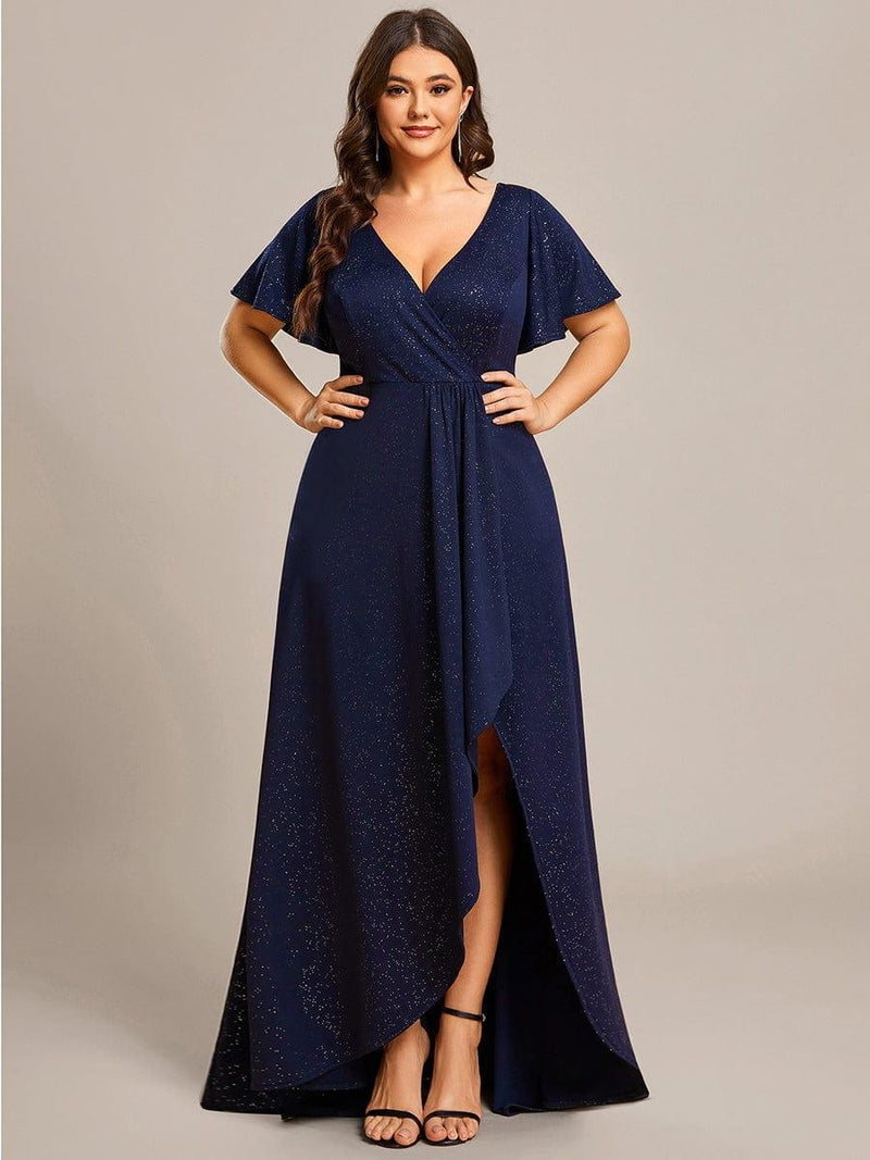 pretty MELOD¨¦|Plus Size Glitter Ruffled High-Low Front Slit Evening Dress