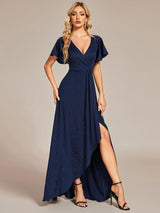 ever MELOD¨¦|Glitter High-Low Front Side Slit Ruffled V-Neck Evening Dress