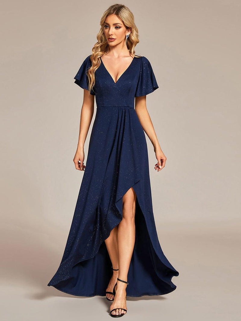 ever MELOD¨¦|Glitter High-Low Front Side Slit Ruffled V-Neck Evening Dress