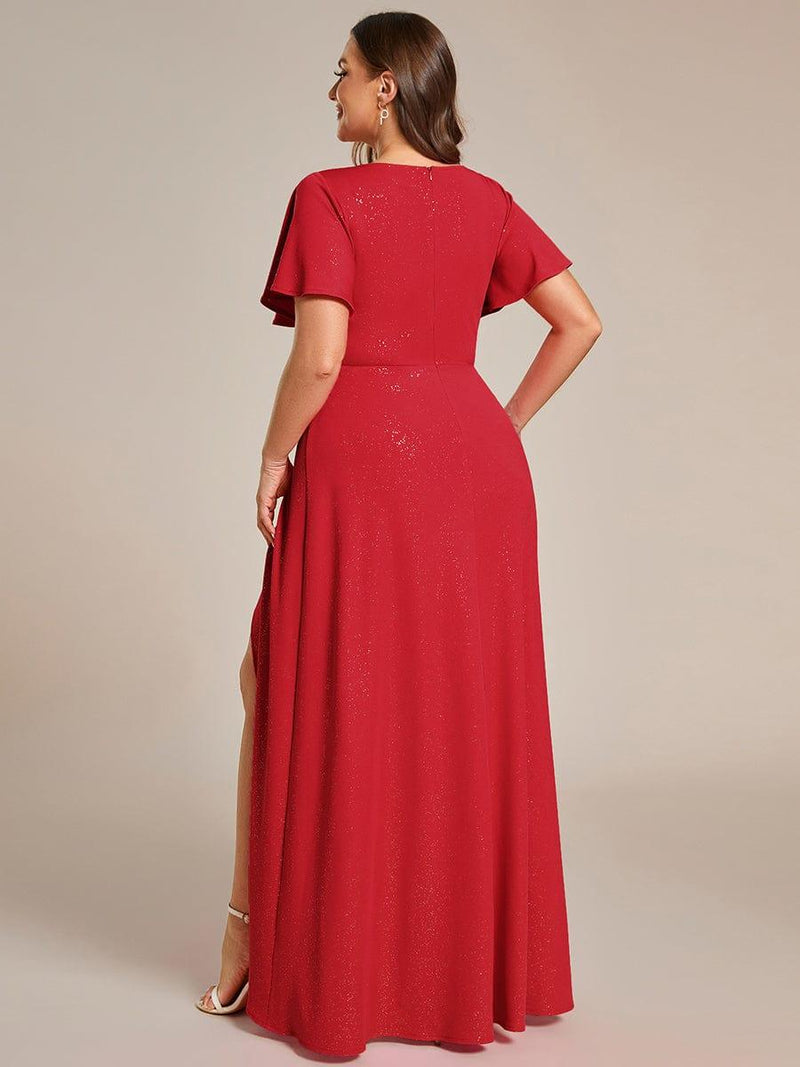 ever MELOD¨¦|Glitter High-Low Front Side Slit Ruffled V-Neck Evening Dress