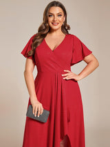 ever MELOD¨¦|Glitter High-Low Front Side Slit Ruffled V-Neck Evening Dress