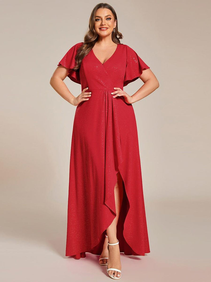 pretty MELOD¨¦|Plus Size Glitter Ruffled High-Low Front Slit Evening Dress