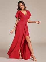 ever MELOD¨¦|Glitter High-Low Front Side Slit Ruffled V-Neck Evening Dress
