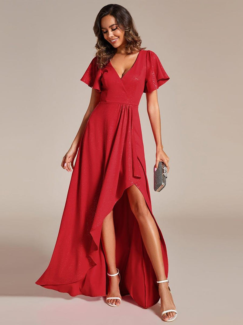 ever MELOD¨¦|Glitter High-Low Front Side Slit Ruffled V-Neck Evening Dress