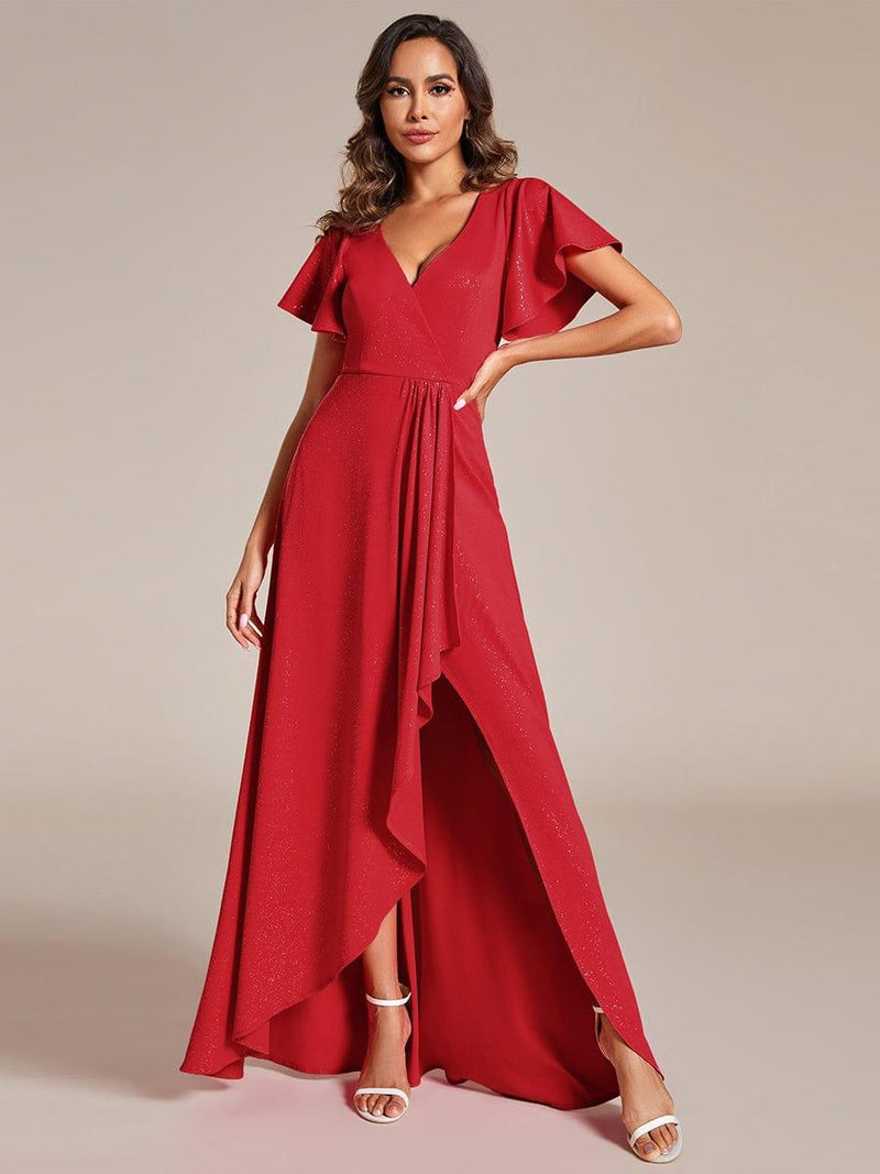 ever MELOD¨¦|Glitter High-Low Front Side Slit Ruffled V-Neck Evening Dress