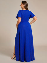 ever MELOD¨¦|Glitter High-Low Front Side Slit Ruffled V-Neck Evening Dress