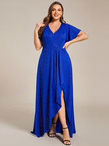 ever MELOD¨¦|Glitter High-Low Front Side Slit Ruffled V-Neck Evening Dress
