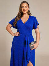 ever MELOD¨¦|Glitter High-Low Front Side Slit Ruffled V-Neck Evening Dress