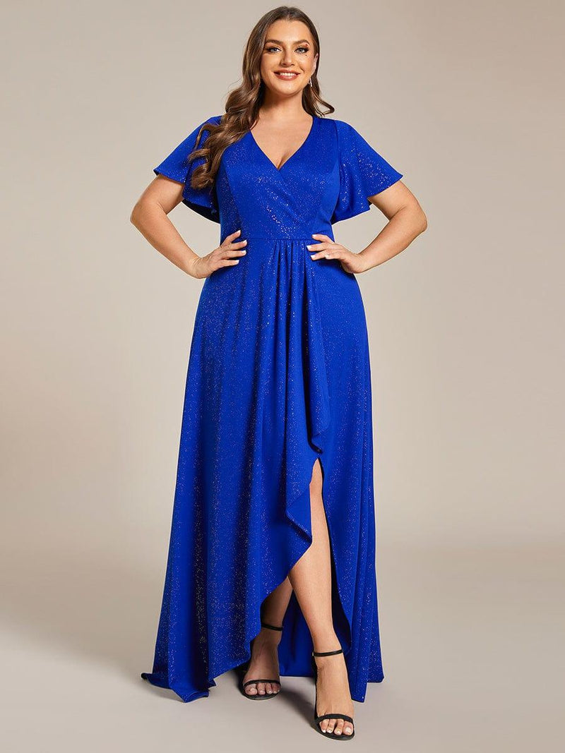 pretty MELOD¨¦|Plus Size Glitter Ruffled High-Low Front Slit Evening Dress