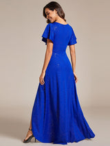 ever MELOD¨¦|Glitter High-Low Front Side Slit Ruffled V-Neck Evening Dress