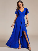 ever MELOD¨¦|Glitter High-Low Front Side Slit Ruffled V-Neck Evening Dress