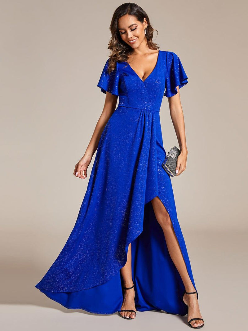 ever MELOD¨¦|Glitter High-Low Front Side Slit Ruffled V-Neck Evening Dress