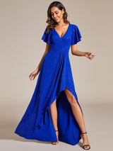 ever MELOD¨¦|Glitter High-Low Front Side Slit Ruffled V-Neck Evening Dress