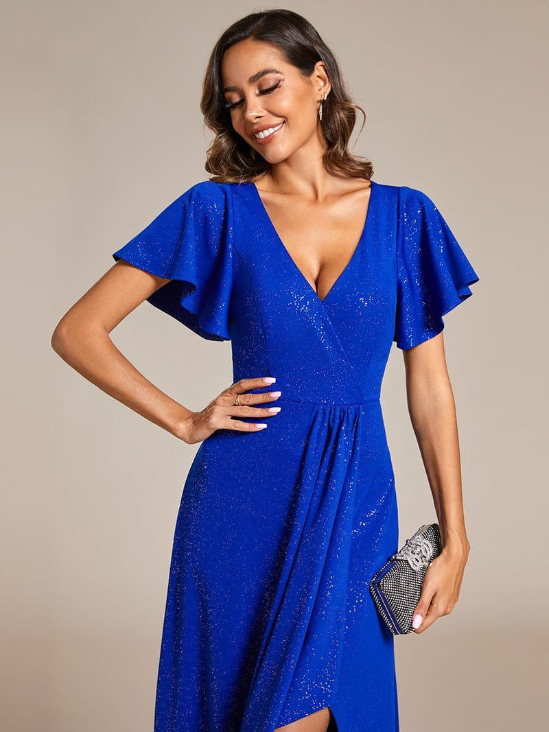 ever MELOD¨¦|Glitter High-Low Front Side Slit Ruffled V-Neck Evening Dress