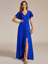 ever MELOD¨¦|Glitter High-Low Front Side Slit Ruffled V-Neck Evening Dress