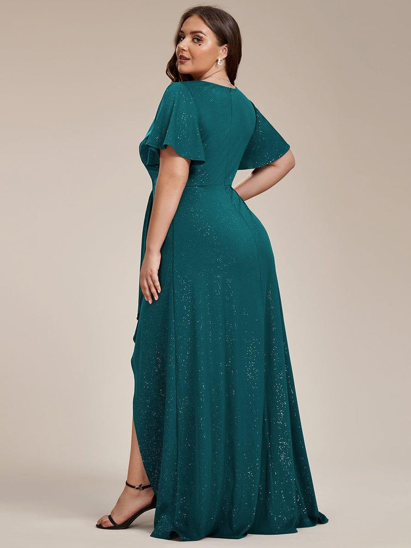 ever MELOD¨¦|Glitter High-Low Front Side Slit Ruffled V-Neck Evening Dress