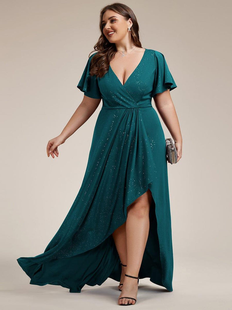 pretty MELOD¨¦|Plus Size Glitter Ruffled High-Low Front Slit Evening Dress