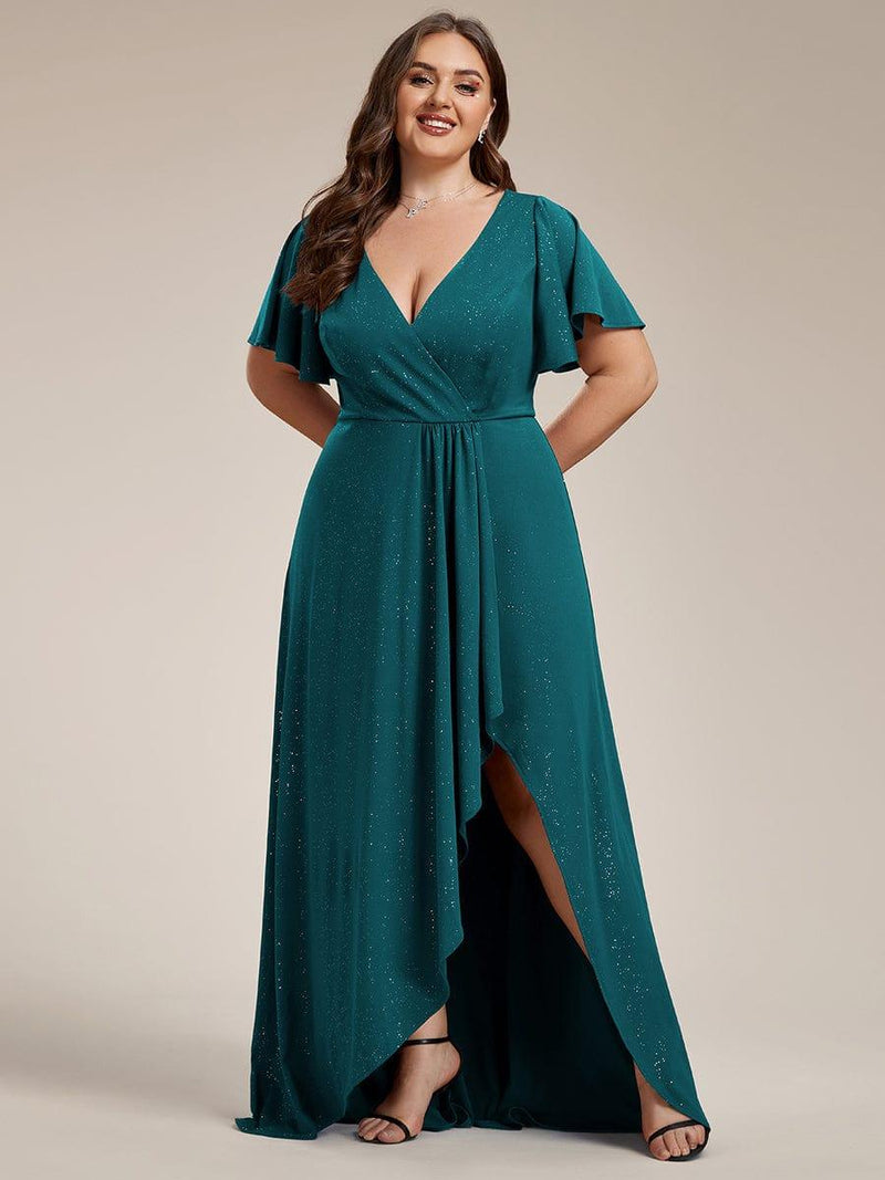 pretty MELOD¨¦|Plus Size Glitter Ruffled High-Low Front Slit Evening Dress